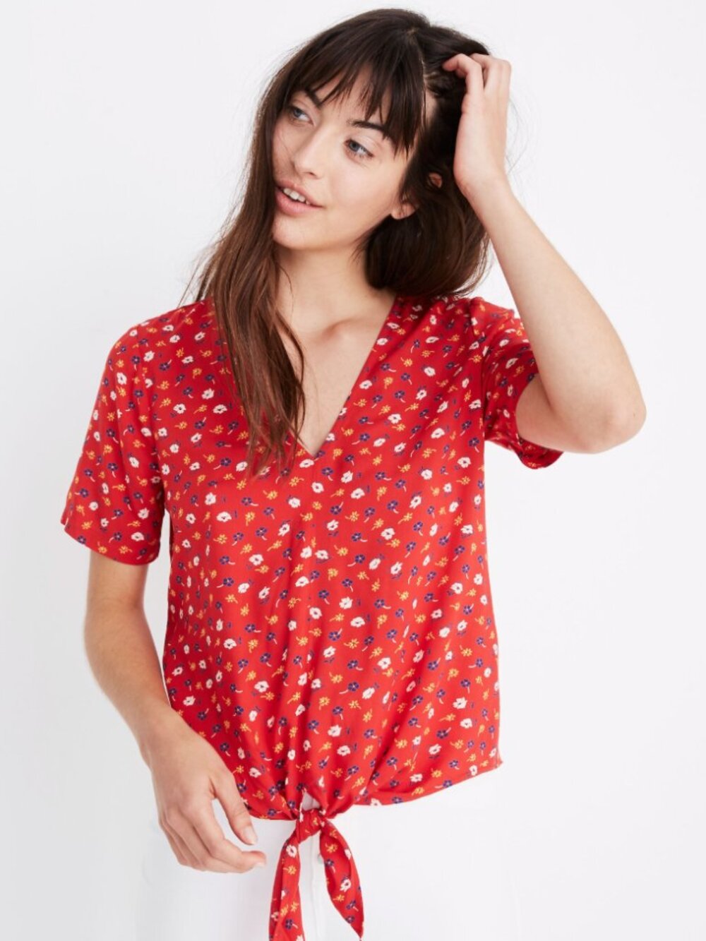 Madewell Red Floral Tie-Front V-Neck Blouse